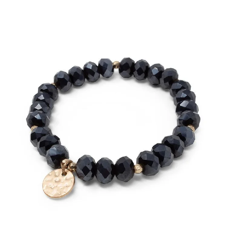 Women’s floral bracelet-Navy Glass Bead Bracelet with Disc Charm Gold Tone