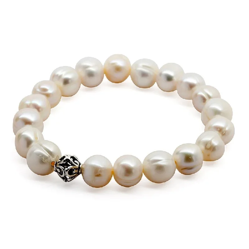 Women’s trendy layered bracelet-White Pearl Stretch Bracelet with 925 Sterling Silver Bead