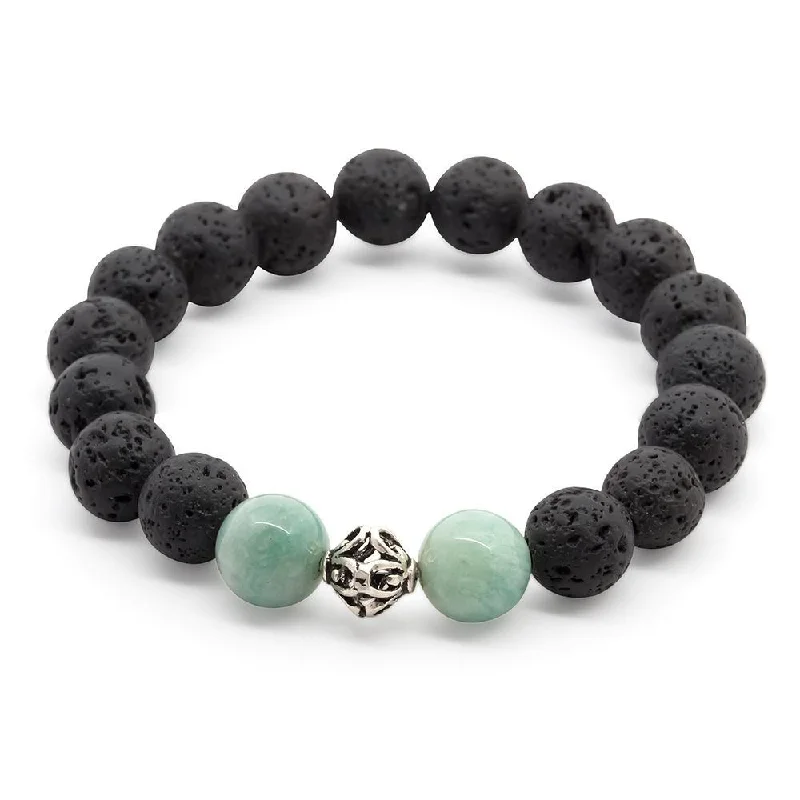 Women’s boho bracelet-Lava Rock/Amazonite Stretch Bracelet with 925 Sterling Silver Bead