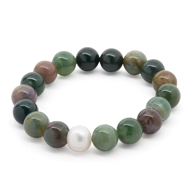 Women’s rope bracelet-Semi Precious Stone Stretch Bracelet Moss Agate with Pearl