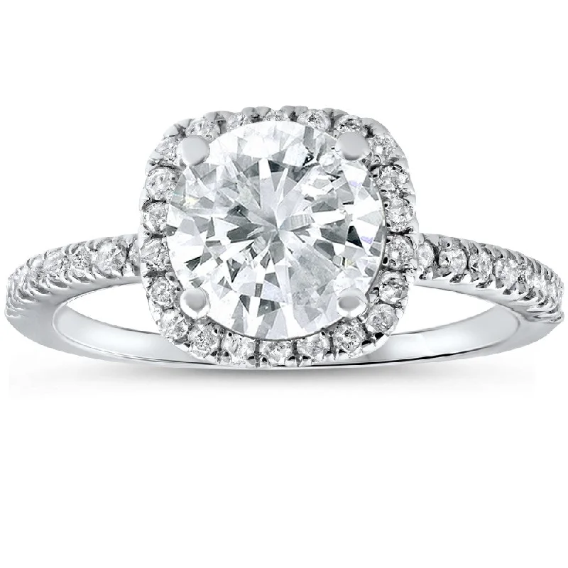 Women’s solitaire engagement ring-2 1/2 cttw Diamond Engagement Ring Cushion Halo Round Cut 14k White Gold