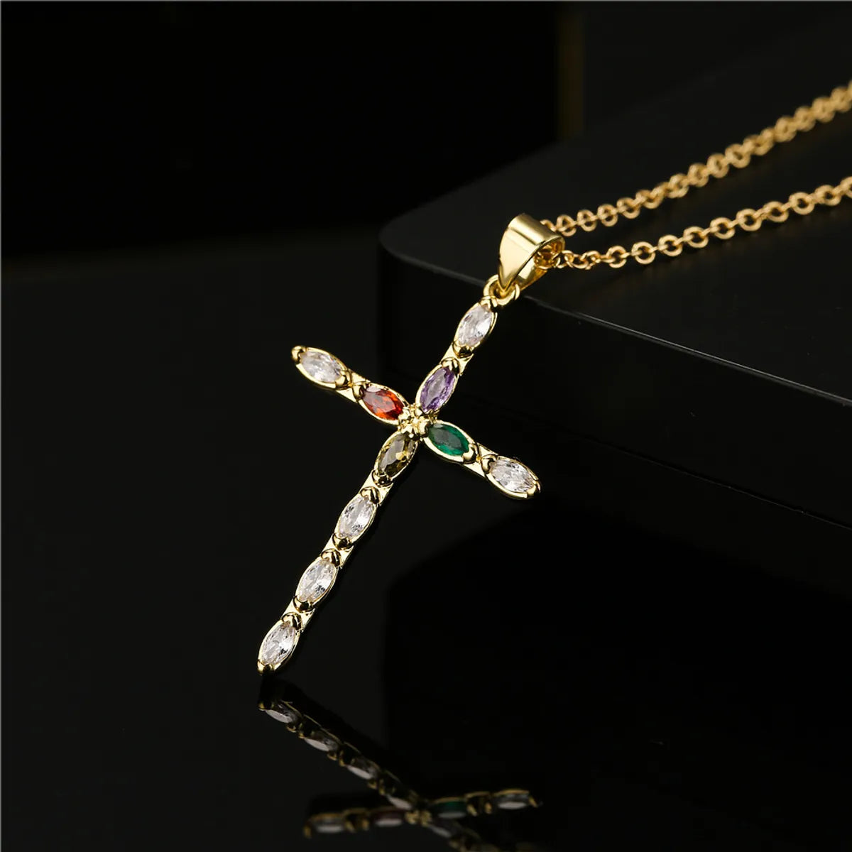 Women’s timeless necklace-Retro Copper Plated Real Gold Color Zirconium Cross Pendant Necklace Female Religious Jewelry