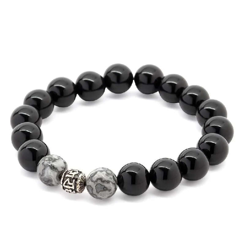 Women’s cuff bangle bracelet-Onyx/Grey Jasper Stretch Bracelet with 925 Sterling Silver Bead