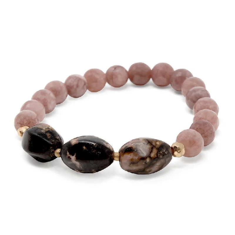 Women’s trendy bracelet-Pink Stone Beaded Stretch Bracelet with Three Oval Stone