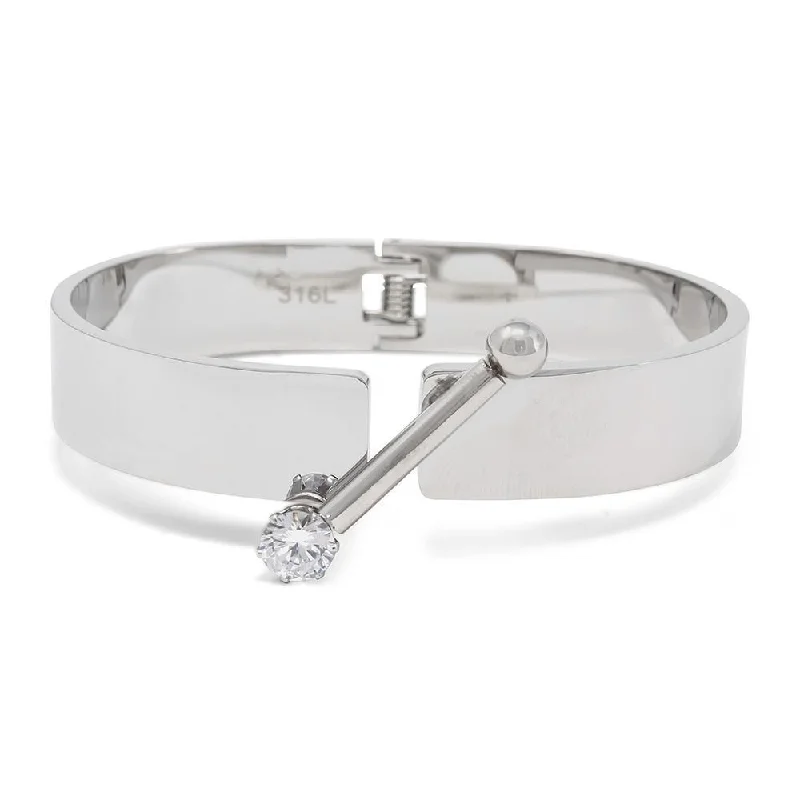 Women’s oval bangle bracelet-Stainless Steel Hinged Bracelet with Crystal Bar