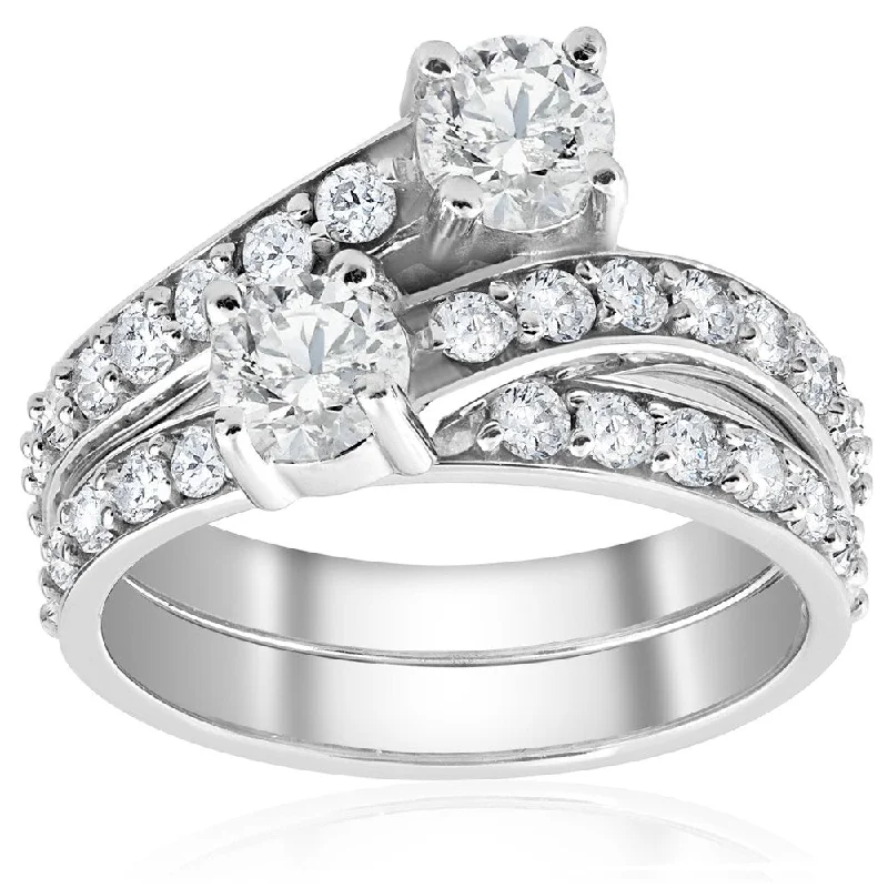 Women’s solitaire engagement ring-10k White Gold 2CT TDW 10K White Gold Diamond 2 Stone Engagement Ring Wedding Band Set