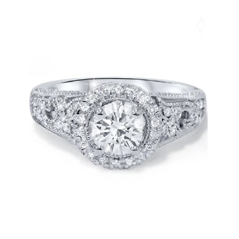 Women’s engagement ring with diamond accents-Pompeii3 14k White Gold 1 1/5 Ct TDW Vintage Engagement Halo Ring Lab Grown (G-H/VS1-VS2)