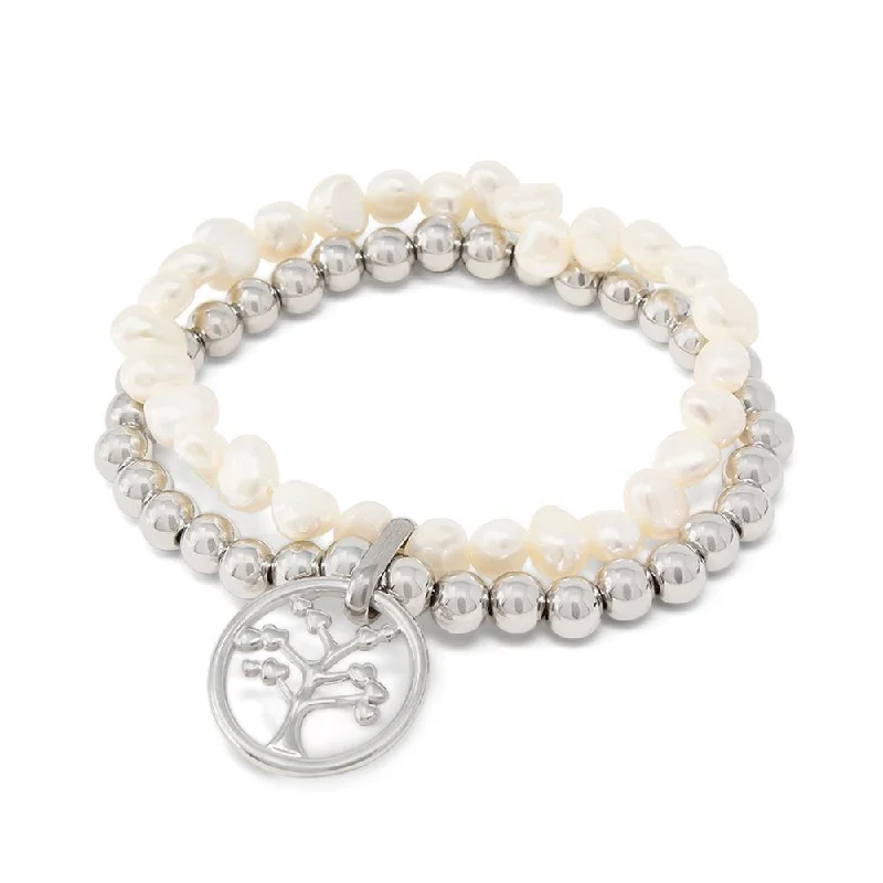 Women’s butterfly bracelet-Stainless Steel Pearl Stretch Bracelet with Tree of Life Charm