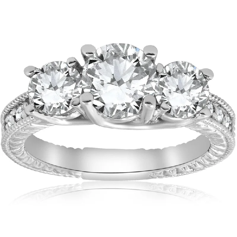 Women’s white gold engagement ring-Pompeii3 14K White Gold 2 1/2 ct TDW Diamond Clarity Enhanced Three Stone Vintage Engagement Ring (G-H/SI2-I1) - White G-H