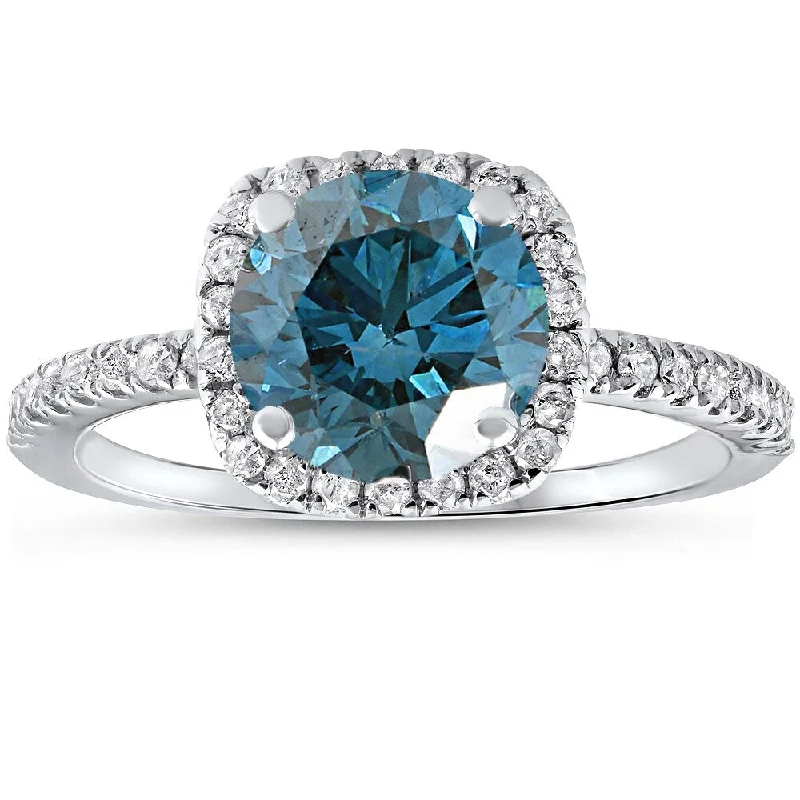 Women’s custom-designed engagement ring-14k White Gold 1 3/4 ct TDW Blue Diamond Cushion Halo Engagement Ring with Accents )