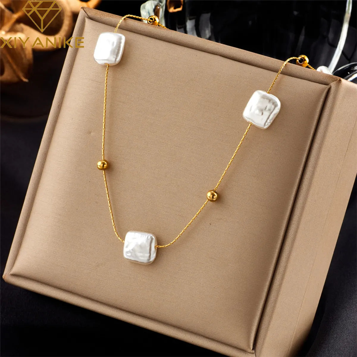 Women’s trendy necklace-Baroque Style Square Artificial Pearl Titanium Steel Beaded Plating 18k Gold Plated Necklace