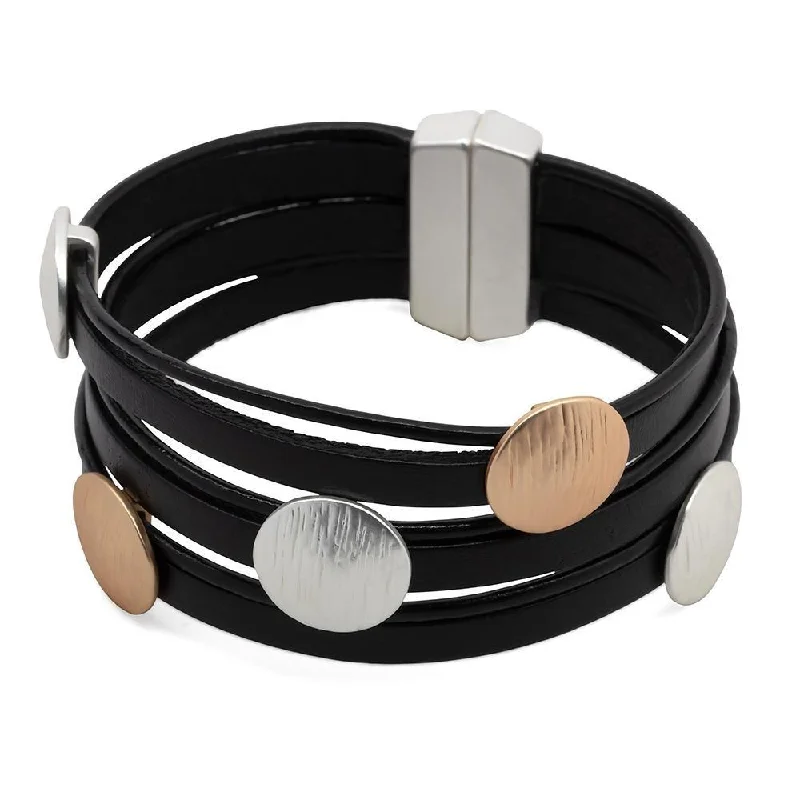 Women’s modern bracelet-Leather Multi Row Bracelet Matte Two Tone Discs Black