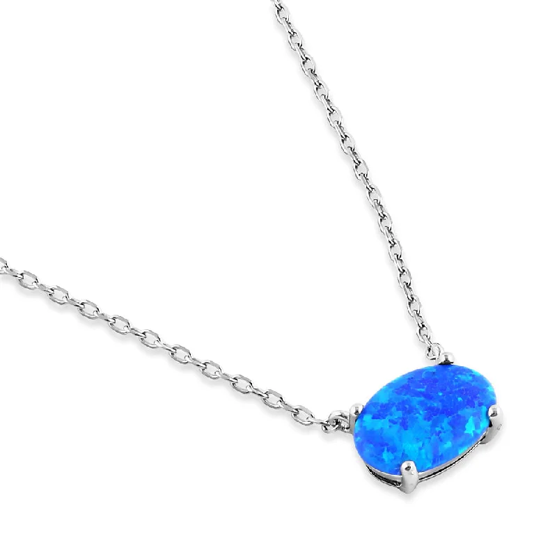 Women’s custom necklace-Sterling Silver Blue Lab Opal Oval Necklace