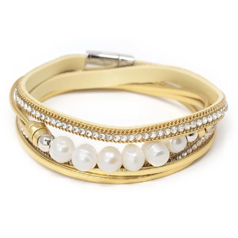 Women’s sterling silver bracelet-Golden Leather Wrap Bracelet with Six Pearls Station