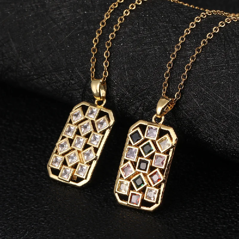 Women’s elegant drop necklace-Vintage Style Geometric Square Rhombus Copper Plating Inlay Zircon Gold Plated Pendant Necklace