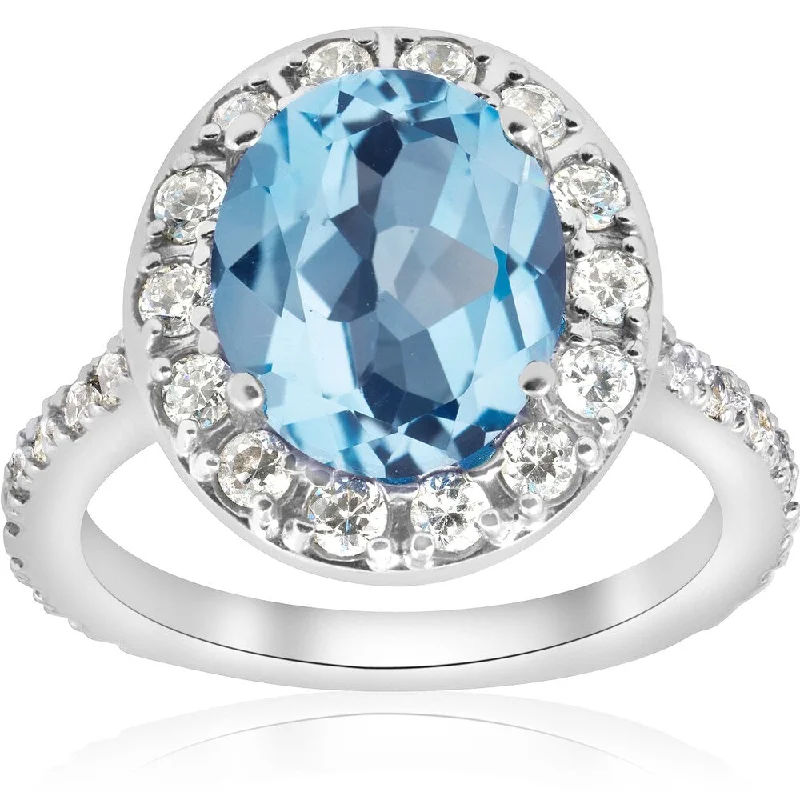 Women’s round brilliant diamond engagement ring-14k White Gold 4 cttw Blue Topaz Diamond Halo Vintage Ring Engagement (I-J,I2-I3)