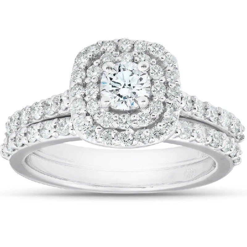 Women’s wedding and engagement ring set-1 1/10Ct Cushion Halo Diamond Halo Engagement Wedding Ring Set 14k White Gold