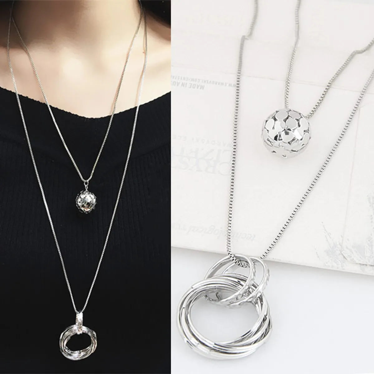 Women’s pendant necklace-Korean Fashion Metal Simple Circle Ball Double-layer Long Necklace Wholesale