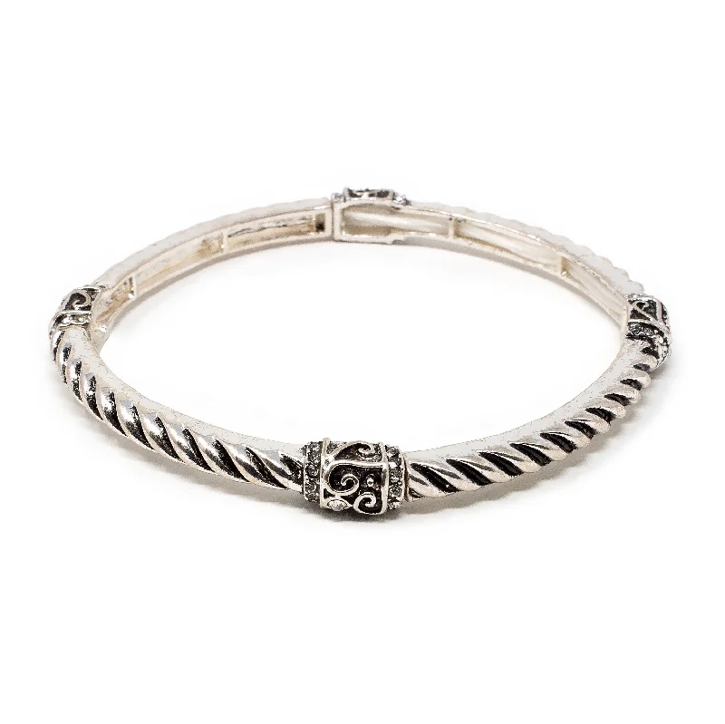 Women’s friendship bracelet-Antique Silver Stretch Bracelet Heart Crystal Stations