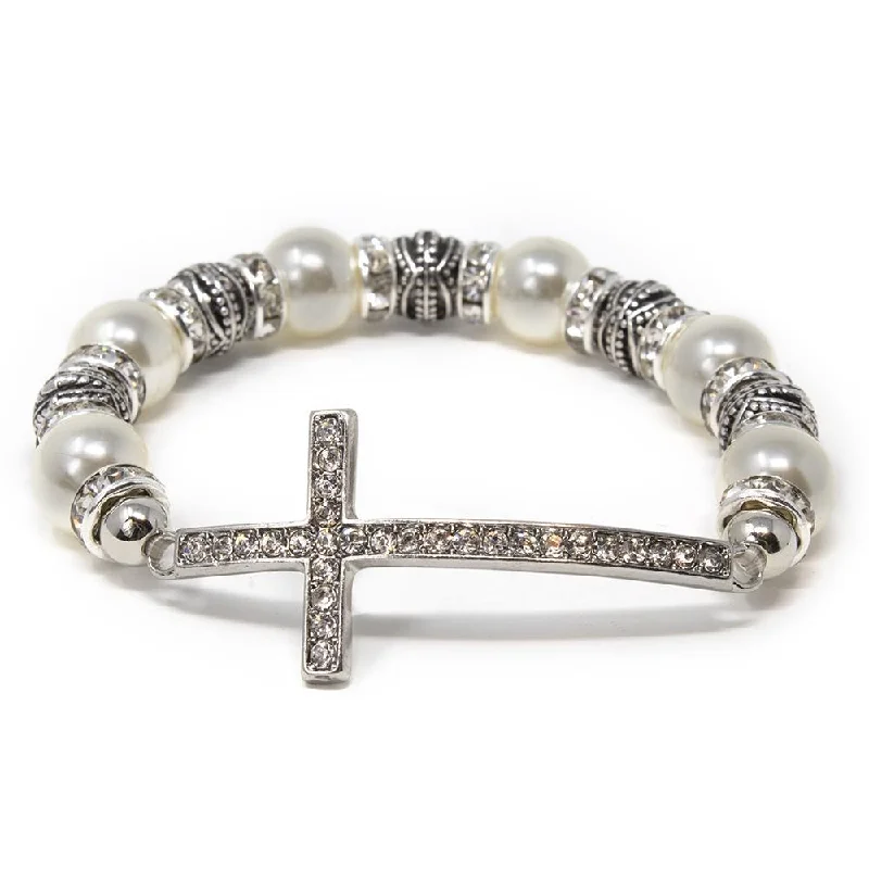 Women’s faith bracelet-Stretch Bracelet Cross - Pearl Silver Tone