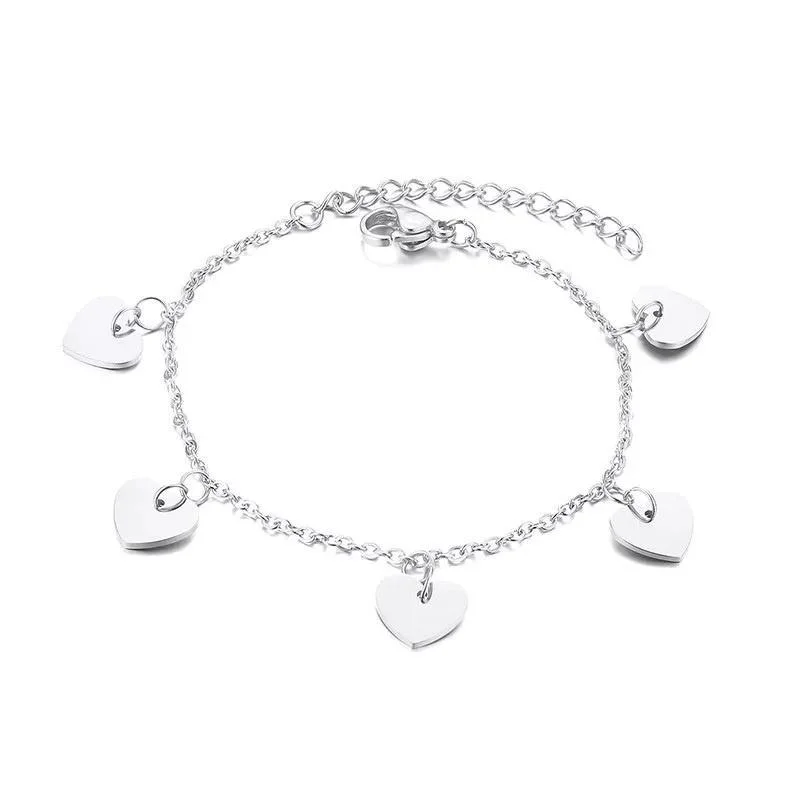 Women’s luxury silver bracelet-Stainless Steel Bracelet with Five Heart Charms