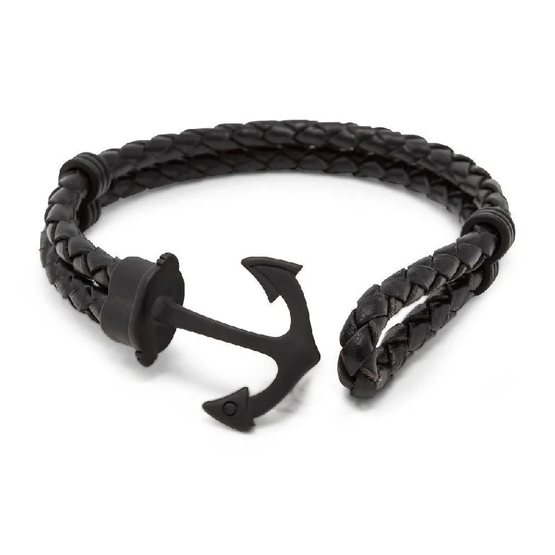 Women’s leather wrap bracelet-Double Black Braided Leather Black Ion Plated Stainless Steel Anchor Bracelet