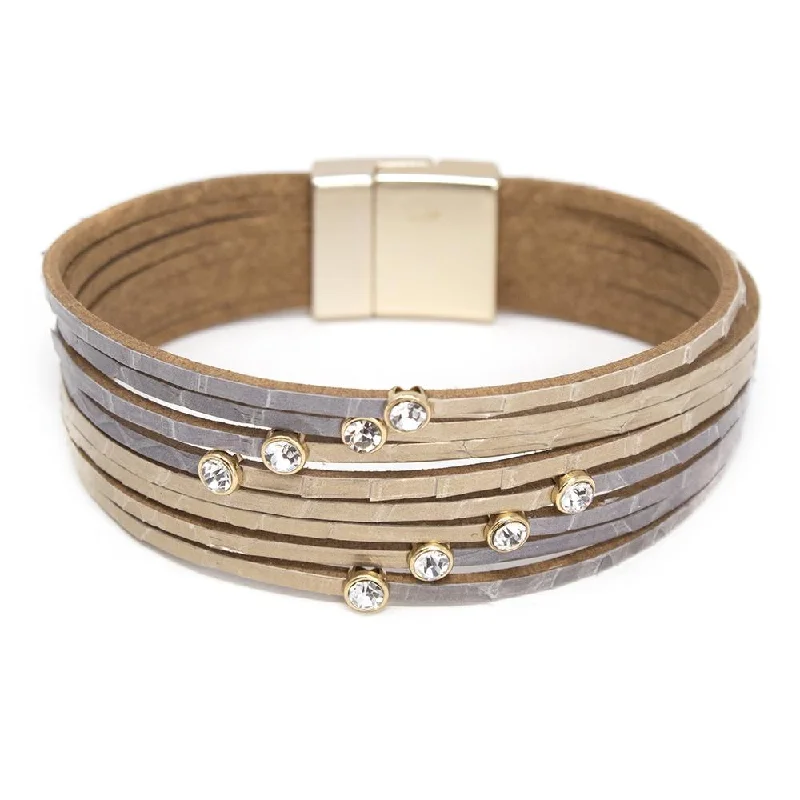 Women’s bangle bracelet-Gold Eight Row Leather Bracelet with Pave CZ