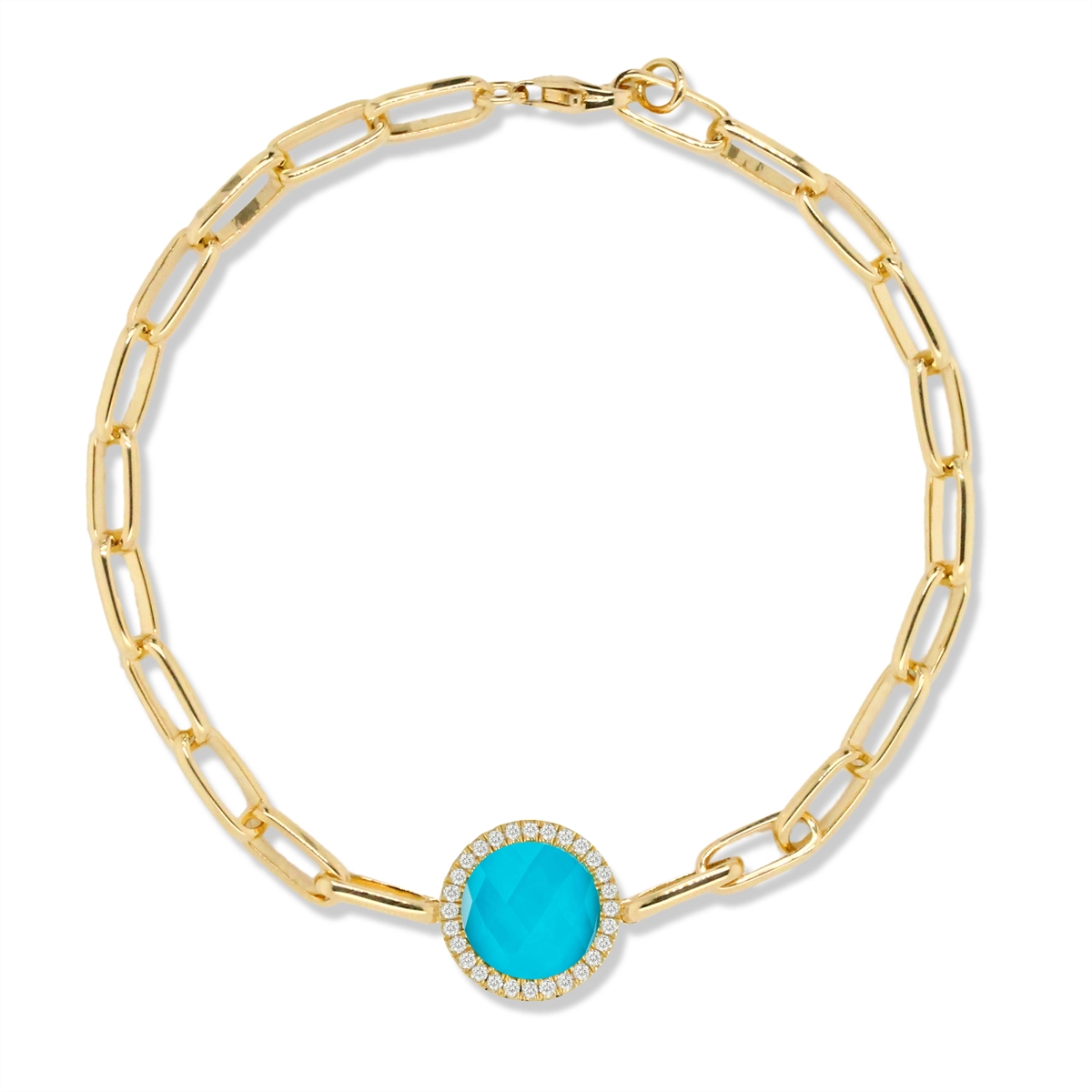 Women’s trendy bracelet-Doves 18K Yellow Gold Diamond Paperclip Bracelet with Clear Quartz over Turquoise