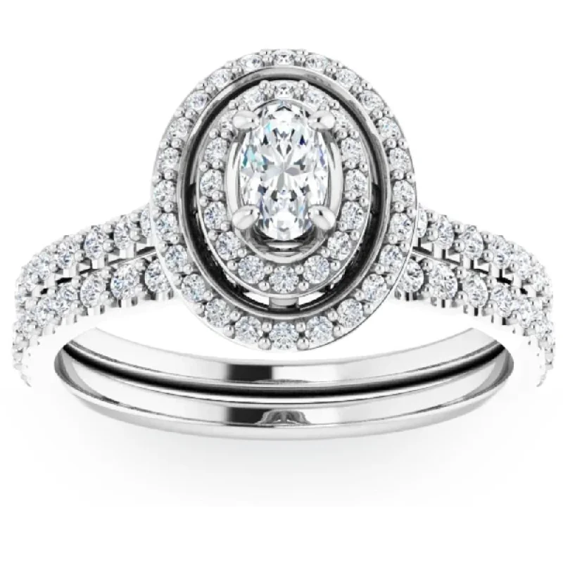 Women’s pear-shaped engagement ring-1 Ct Double Halo Oval Diamond Engagement Wedding Ring Set in White Gold