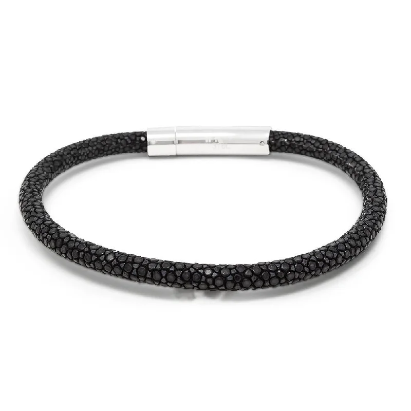 Women’s pearl and crystal bracelet-Stainless Steel Black Stingray Leather Bracelet