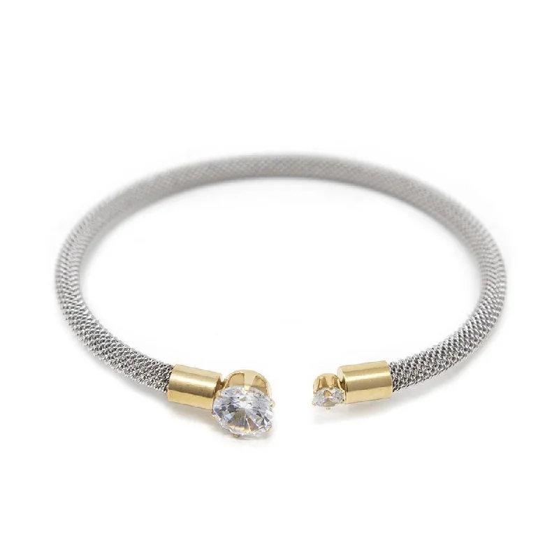 Women’s fashion bracelet-Stainless St 2Tone Crystal End Cuf Bracelet