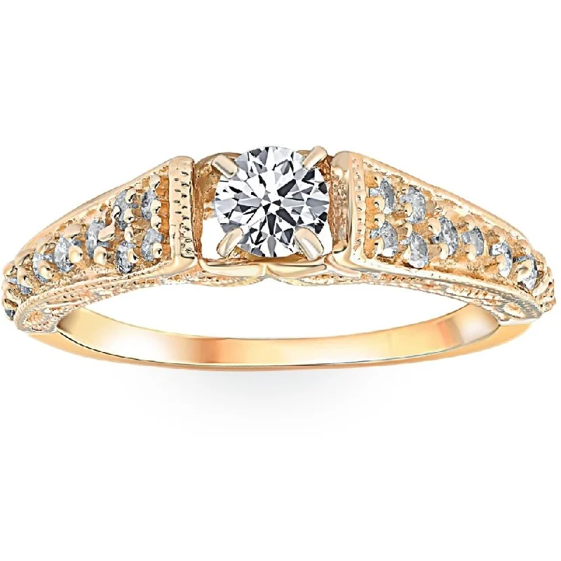 Women’s luxurious engagement ring with diamonds-5/8ct Vintage Diamond Engagement Ring 14K Yellow Gold Filigree Deco Solitaire