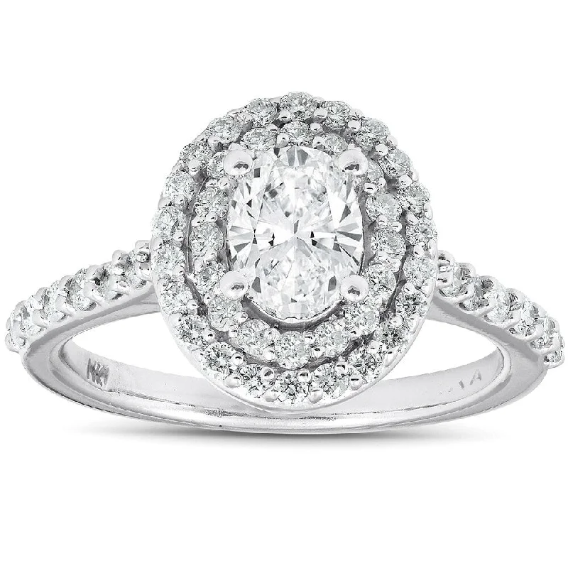 Women’s vintage diamond ring engagement-1 3/4Ct Oval Diamond Double Halo Engagement Ring 14k White Gold