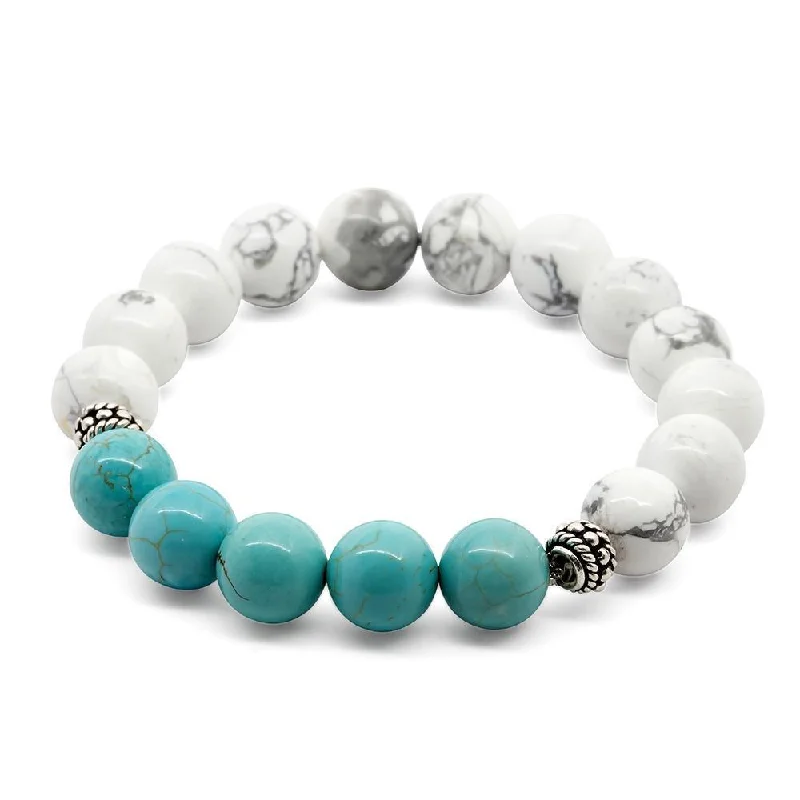 Women’s energy stone bracelet-W Howlite/Turquoise Stretch Bracelet with Two 925 Sterling Silver Bead