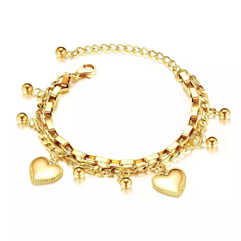 Women’s infinity symbol bracelet-Stainless Steel Heart Charm Layered Box Chain Bracelet Gold Plated