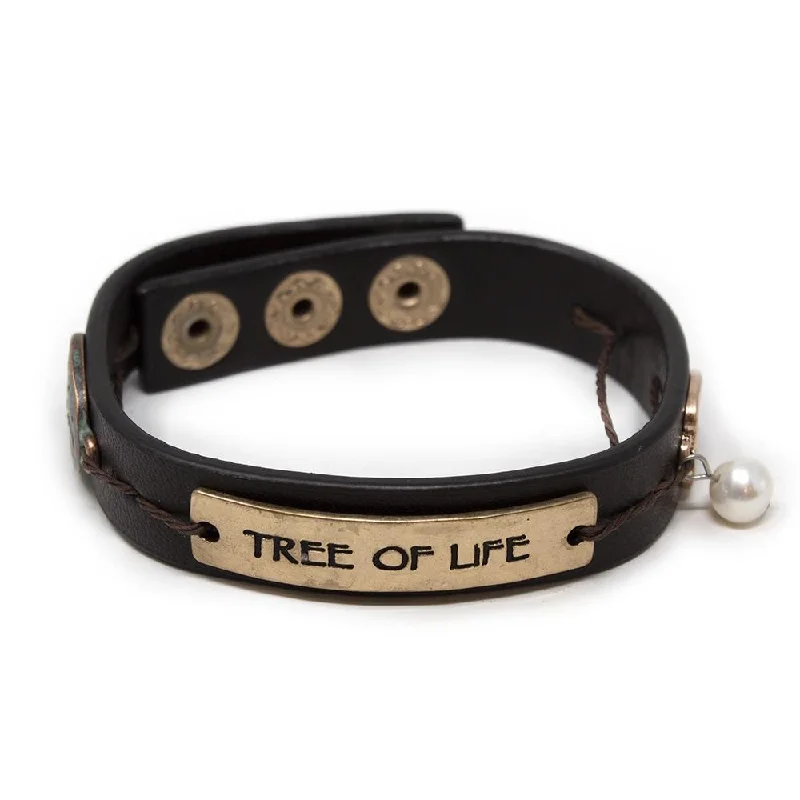 Women’s black onyx bracelet-Leather Tree of Life Bracelet Gold Tone Brown