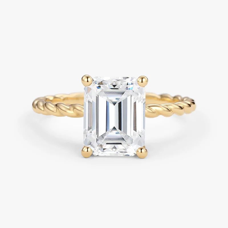 Women’s silver rings-Emerald Cut Moissanite Solitaire Hidden Halo Ring