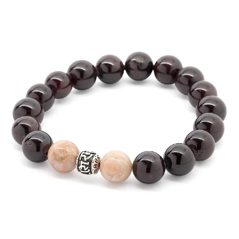 Women’s black onyx bracelet-Garnet/Moon Stone Stretch Bracelet with 925 Sterling Silver Bead