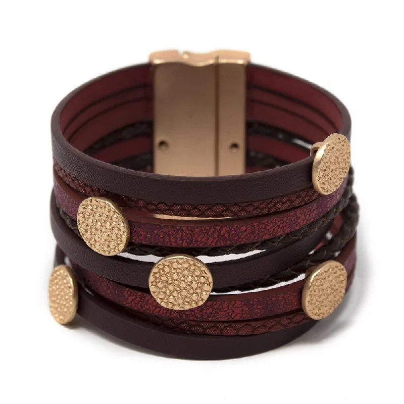 Women’s bar bracelet-Multi Row Red/Brown Leather Bracelet Hammered Disc