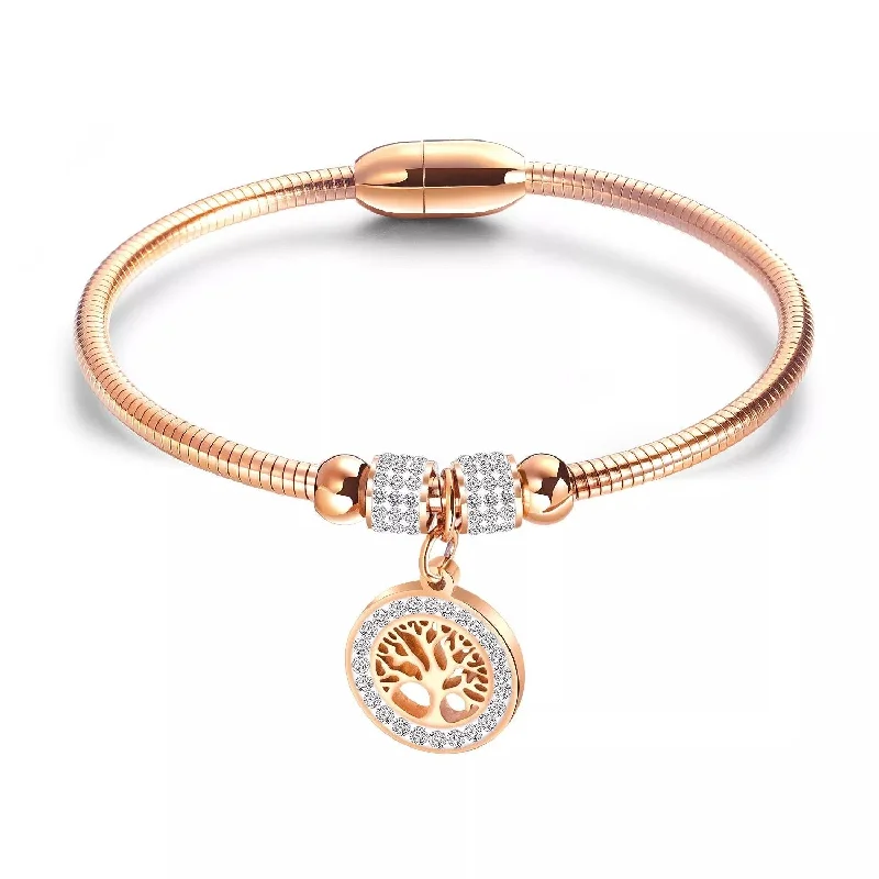 Women’s adjustable gold bracelet-Stainless Steel CZ Pave Tree Of Life Magnetic Bracelet Rose Gold Plated