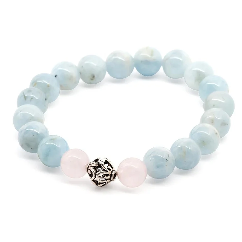 Women’s chain bracelet-Aquamarine/Rose Quartz Stretch Bracelet with 925 Sterling Silver Bead