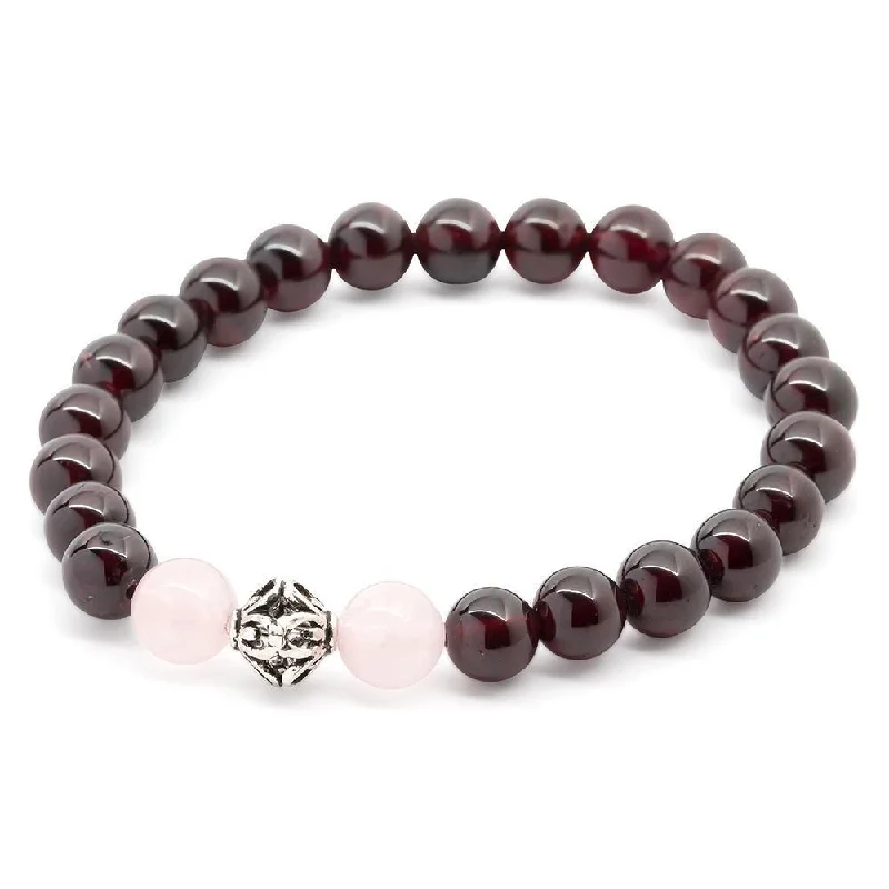 Women’s bold statement bracelet-Garnet/Rose Quartz Stretch Bracelet with 925 Sterling Silver Bead