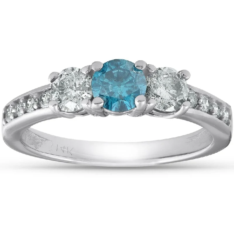 Women’s diamond engagement ring-14k White Gold 1 Ct TDW Blue & White Round Diamond Three Stone Engagement Ring