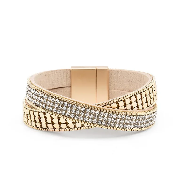 Women’s open cuff bracelet-Two Row Leather Bracelet Disco Design Gold Toned