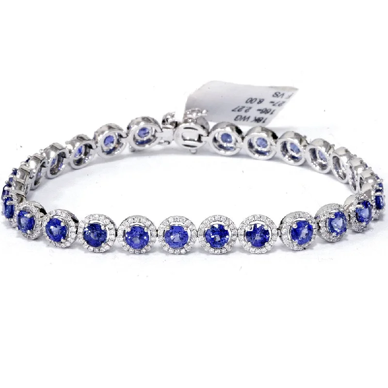 Women’s polished silver bracelet-18K White Gold 10 1/4 ct TW Blue Sapphire & Diamond Micro Pave Halo Tennis Bracelet (F-G,VS1-VS2)