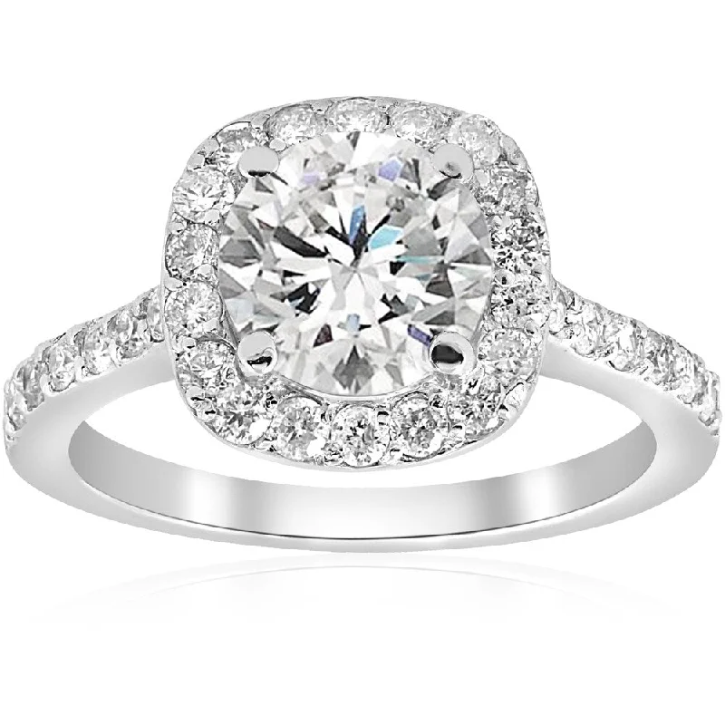 Women’s vintage diamond solitaire engagement ring-14k White Gold 2 ct TDW Diamond Cushion Halo Clarity Enhanced Engagement Ring