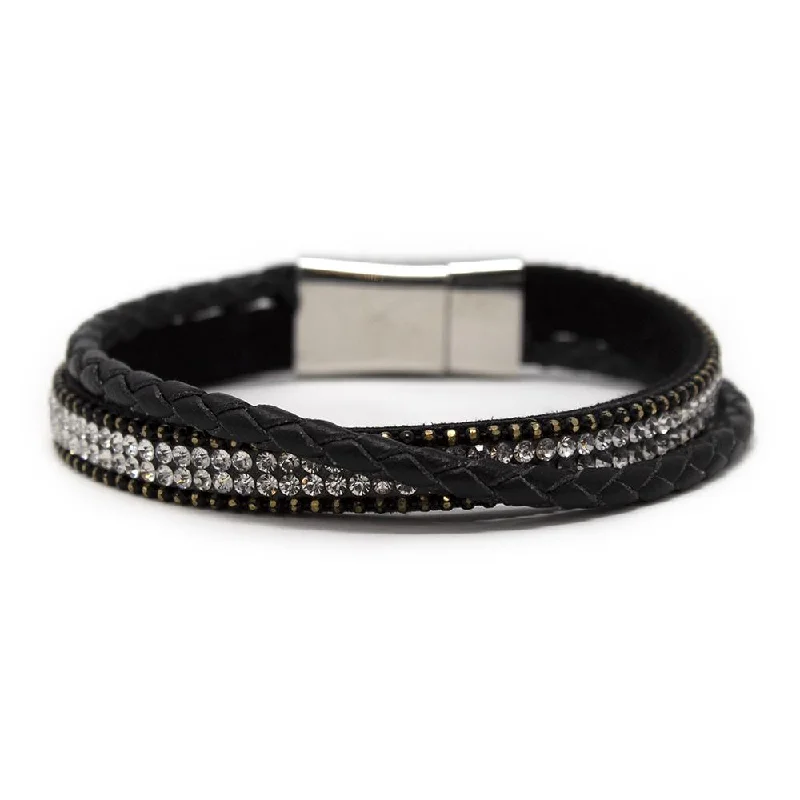 Women’s adjustable gold bracelet-Two Row Black Leather Bracelet with Crystal