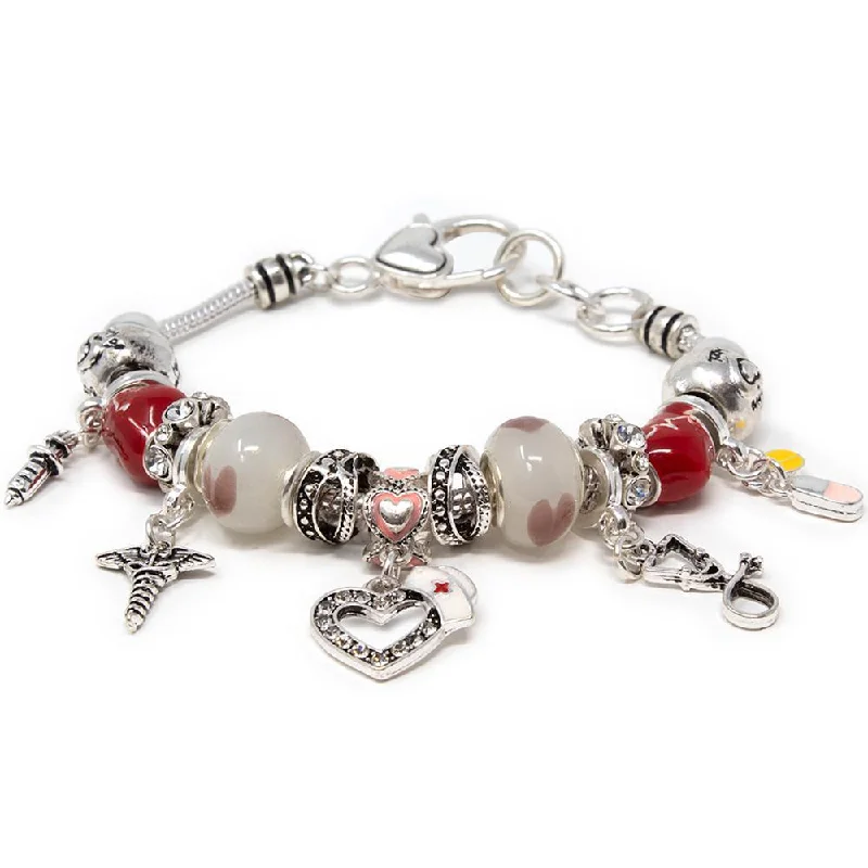 Women’s beaded bracelet-Charm Bracelet Silver Tone Nurse