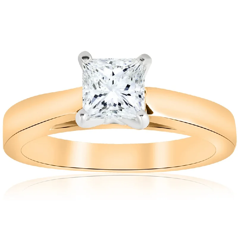 Women’s sparkling diamond engagement ring-14k Yellow Gold 1ct TDW Princess Cut Solitaire Diamond Clarity Enhanced Engagement Ring Cathedral (H-I,I1-I2) - White