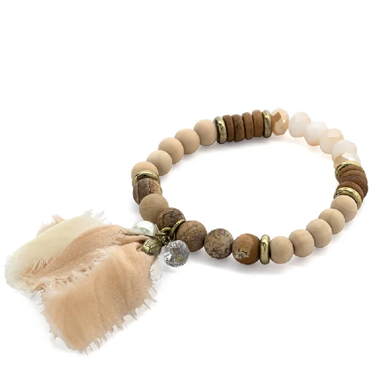 Women’s butterfly bracelet-Wood Stone Stretch Bracelet Fabric Tassel Brown